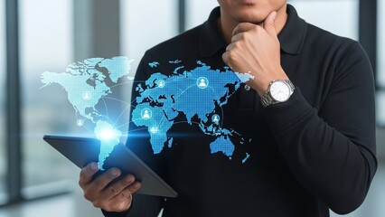 Man in a black shirt holds a tablet with a glowing digital world map, contemplating global strategies and international connections.