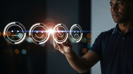 Man touches a glowing happy smiley face icon among a row of various feedback emojis on a dark background.