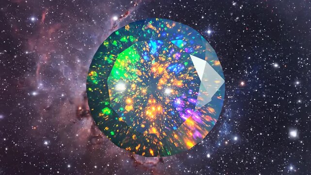 A glowing cosmic opal gem shining in the vastness of space
