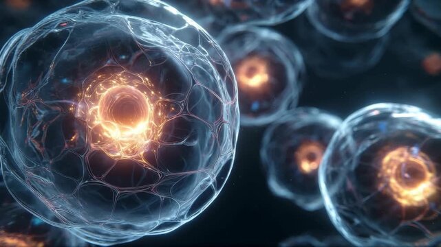 Glowing biological cell structure with transparent membrane, nucleus, and cytoplasm microscopic scientific research, vibrant biotechnology, futuristic energy, health innovation, and medical
