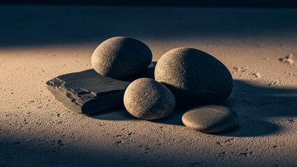 Still life composition featuring four smooth river stones resting artfully upon a jagged piece of dark slate rock creating beautiful natural texture contrast