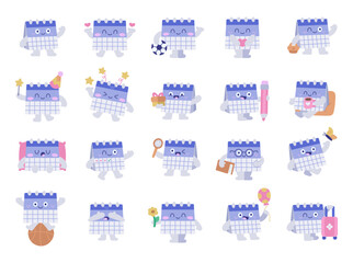 Naklejka premium Calendar character set in scandinavian style featuring friendly with daily actions celebrations hobbies routines different cute emotions poses moments