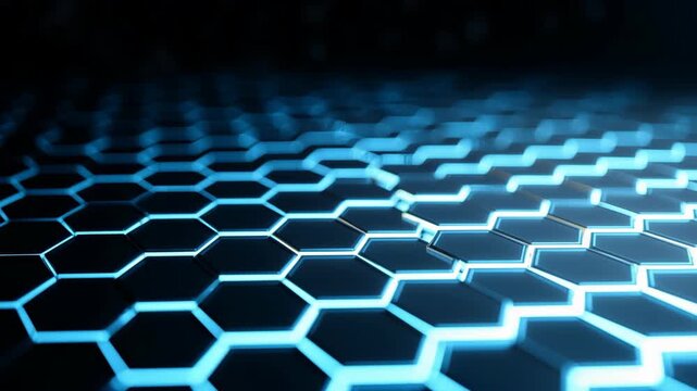 Futuristic glowing hexagon pattern blue neon light abstract technology background digital surface modern geometric grid seamless structure high tech innovation illuminated network energy