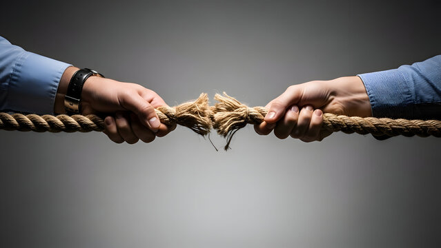 Two hands pulling a rope in opposite directions on a gray background with a sense of conflict and tension