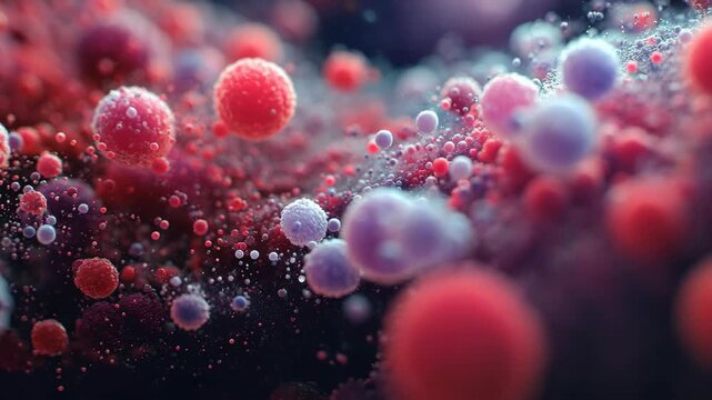 Red sphere purple sphere floating abstract particle science background micro texture blur create dreamy dynamic scene with colorful spheres and swirling motion, vibrant energy, soft focus