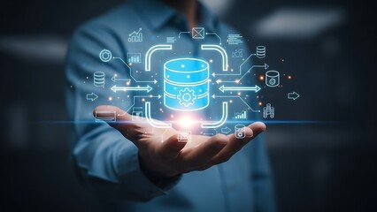 Man holding glowing blue database with various data flow symbols hand blue shirt