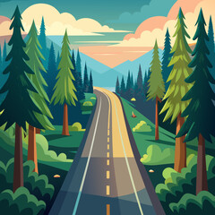 Serene forest road winding through tall pine trees at sunset © Ashiqur