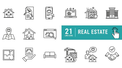Collection of Real Estate Icons Featuring Houses, Buildings, and Property Elements in Various Line Art Styles