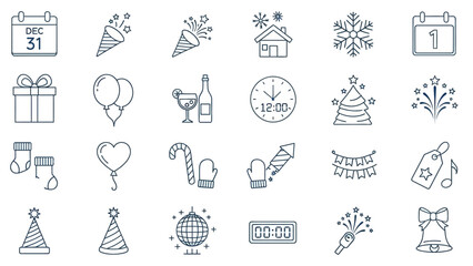 Celebration icons set, symbolizing parties and special occasions with various festive elements and decorations in a minimalist line art style