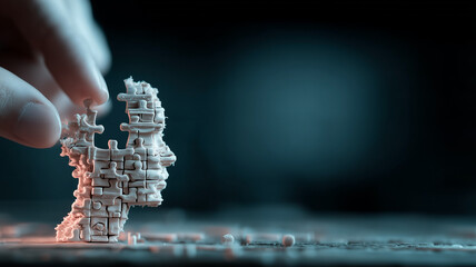 A human hand assembling a fragmented digital puzzle structure symbolizing system reconstruction problem solving and digital recovery processes.
