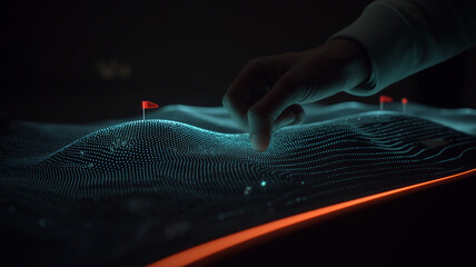 A human hand interacting with a digital landscape marked with data points representing analytics navigation and strategic decision support systems.
