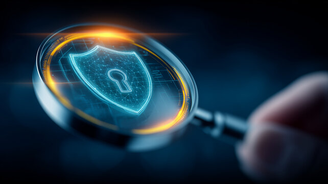 A digital security shield examined through a magnifying glass representing cybersecurity auditing risk prevention and information protection concepts.

