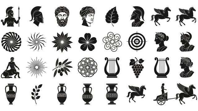 Ancient Greek mythological figures and symbols depicted in black silhouettes on a collection of vector illustrations