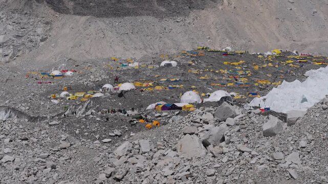 Colorful Tents at Everest Base Camp During Climbing Season
