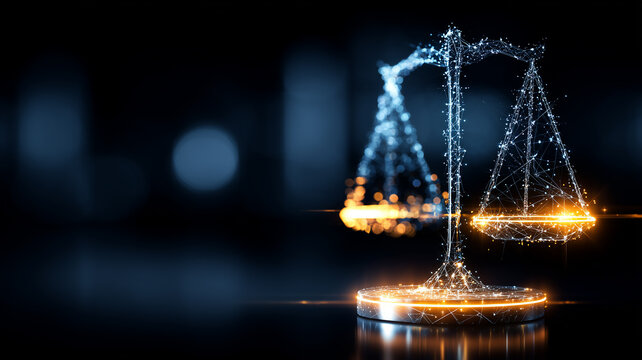 Digital justice scale formed by connected particles symbolizing legal balance ethical technology and data driven law systems.
