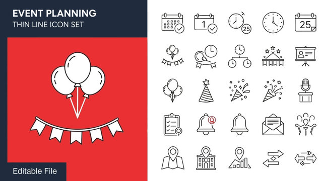 Celebratory event planning icons set with balloons and banners in a thin line style - Powered by Adobe