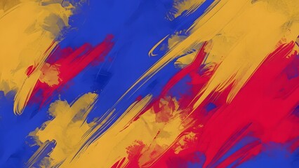 Vibrant abstract painting with bold blue, yellow, and red brush strokes on colored background