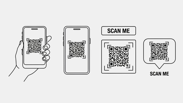 Hand holding a mobile device displaying a QR code for scanning purposes, showcasing various QR code representations, vector illustrations, digital technology