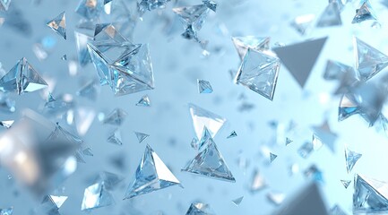 Floating clear tetrahedra with sharp edges on blurred blue background