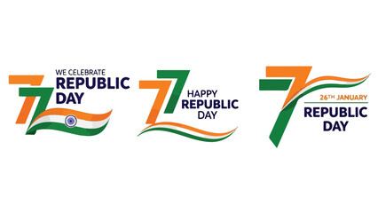 Set of 3 Indian Republic Day 77th Anniversary Logos with Flag Wavy Elements Vector