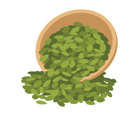 Bowl of green pumpkin seeds, spilled seeds in wooden bowl on transparent background