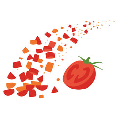 Diced tomatoes and tomato half with scattered pieces on transparent background illustration