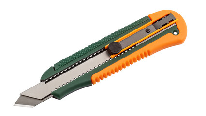 Utility knife with green and orange ergonomic handle on black background