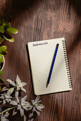 Fototapeta premium Journaling word written on ruled paper notebook with blue pencil over a textured wooden surface