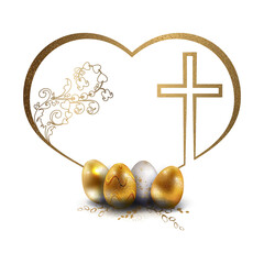 Happy Easter. Isolated design element with a heart silhouette and golden Easter eggs.