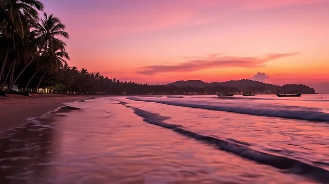 Tropical Beach Sunset with Palm Trees and Ocean Waves at Ngapali Beach Myanmar.