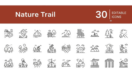 Collection of icons representing various activities and elements associated with a nature trail viewed from an overhead perspective © HUANG