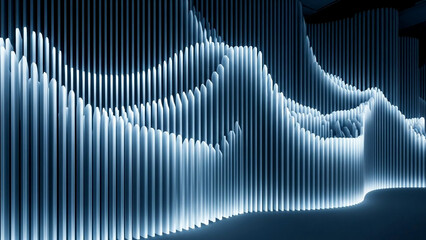Glowing blue waveform pattern with vertical lines in dark background futuristic technology design