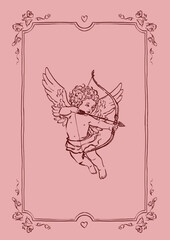 Vector poster with illustration of cute Cupid angel with bow and arrow. Romantic love symbol perfect for Valentines Day holiday, wedding designs, posters, invitations and festive decor.
