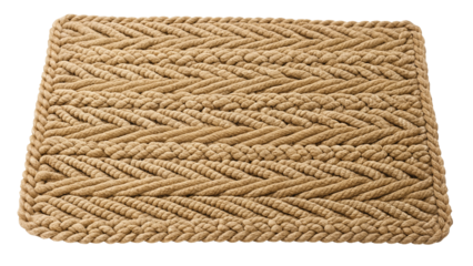 Coiled rope mat with intricate woven pattern on black background