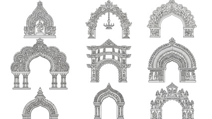 An ornate collection of nine detailed architectural arches and doorways from various cultural influences, presented in a grid layout, viewed from directly ahead
