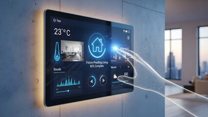 A futuristic hand controlling a smart home automation system on a digital touchscreen. Internet of Things (IoT) concept with a user interface for managing a modern house
