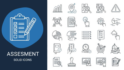Fototapeta premium Collection of business icons representing assessment and analysis on a white background with a clipboard and pencil icon highlighted