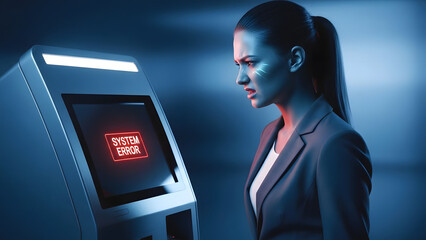 Frustrated businesswoman looking at a system error message on a futuristic terminal. Angry user experiencing a technology failure or computer glitch