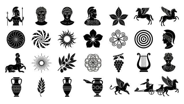 Collection of ancient Greek mythological silhouettes, artifacts, and floral elements displayed in a grid layout