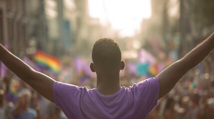 back view of a young black man with arms raised at the lgbtq+ pride parade