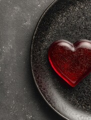 Minimalist red heart shaped dessert with glossy jelly texture placed on a dark ceramic plate against a textured black background.