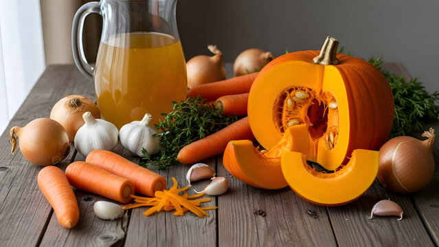 Autumn vegetables and fruits on a wooden table with a pitcher of juice and a cozy background
