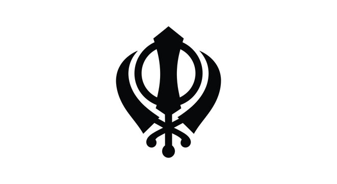 A striking black graphic depiction of the khanda a significant symbol within Sikhism presented as a bold silhouette high quality professional