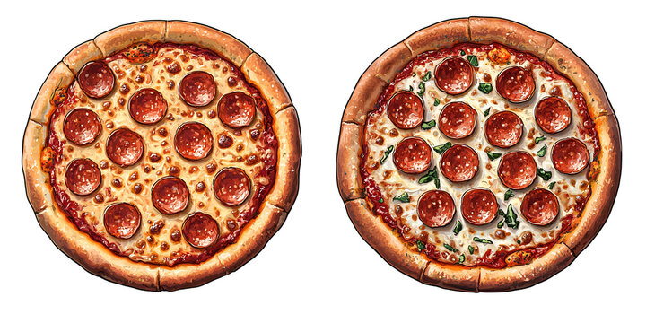 Two round pizzas with toppings against transparent background
