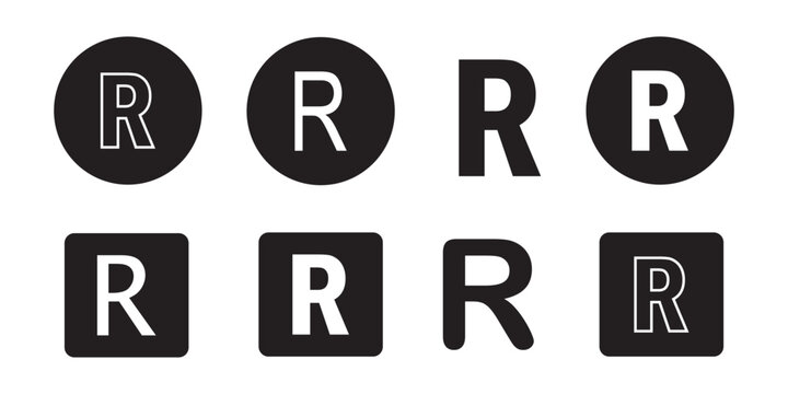 Registered trademark symbols in black and white with variations of the letter r inside circles .Trademark and registered symbol vector icons set, black circle  R logo design illustration, intellectual