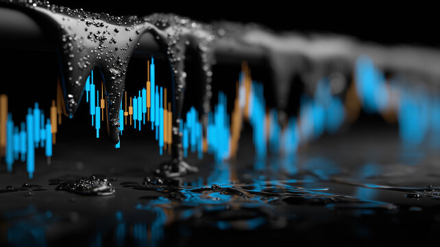 Liquid metal flowing over financial candlestick charts representing market volatility risk and economic uncertainty.
 - Powered by Adobe