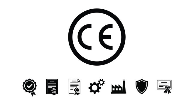 A stark black and white depiction of the ce marking symbol alongside various associated icons presented as a bold silhouette
