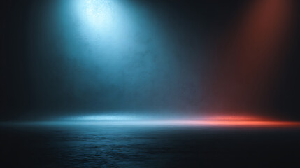 Dynamic Stage Lighting with Contrasting Blue and Red Spotlights Creating a Dramatic Atmospheric Background