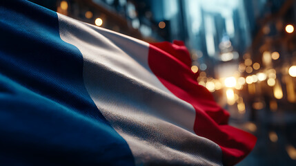 French Flag gracefully unfurling against a vibrant, illuminated evening cityscape, symbolizing national pride