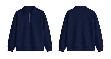 Blank Dark Blue Quarter Zip Polo Sweatshirt Mockup Front and Back Isolated on Transparent Background © Drip